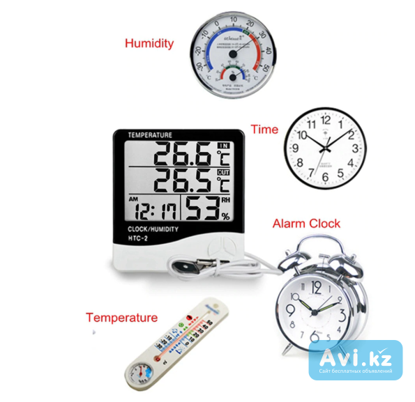Htc-2 термометр внутр/наружн гигрометр часы будильник календарь Алматы - изображение 1