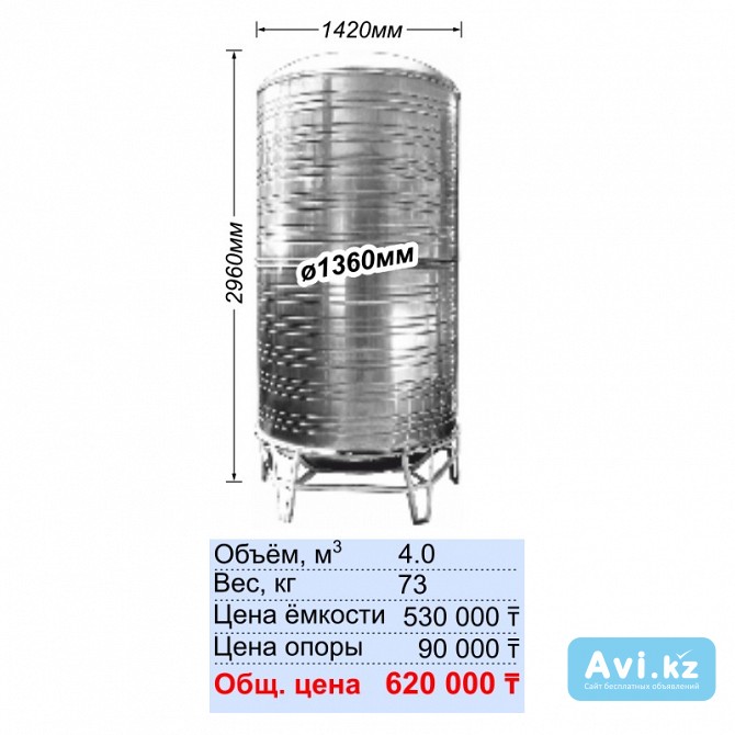 Ауыз суға арналған тот баспайтын ыдыс (4000l) / Ёмкость нержавеющая для питьевой воды (4000l) Алматы - изображение 1
