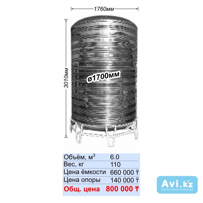 Ауыз суға арналған тот баспайтын ыдыс (6000l) / Ёмкость нержавеющая для питьевой воды (6000l) Алматы - изображение 1