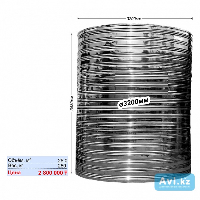 Ауыз суға арналған тот баспайтын ыдыс (25000l) / Ёмкость нержавеющая для питьевой воды (25000l) Алматы - изображение 1