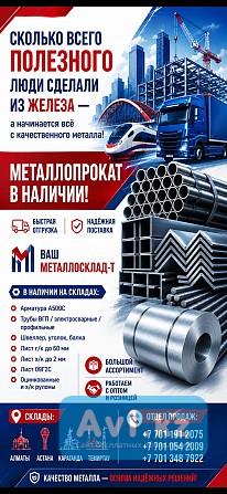 Арматура, швеллер, уголок, профнастил, трубы, лист, штрипс, оцинкованный прокат Алматы - изображение 1